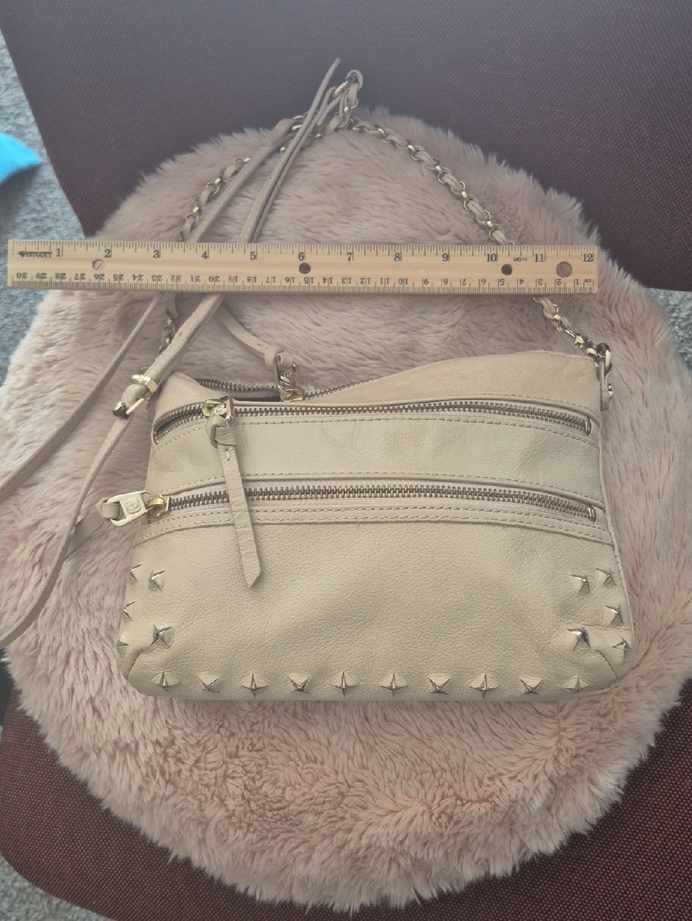 Women’s Beige Studded Crossbody Bag - Chain Strap. Leather